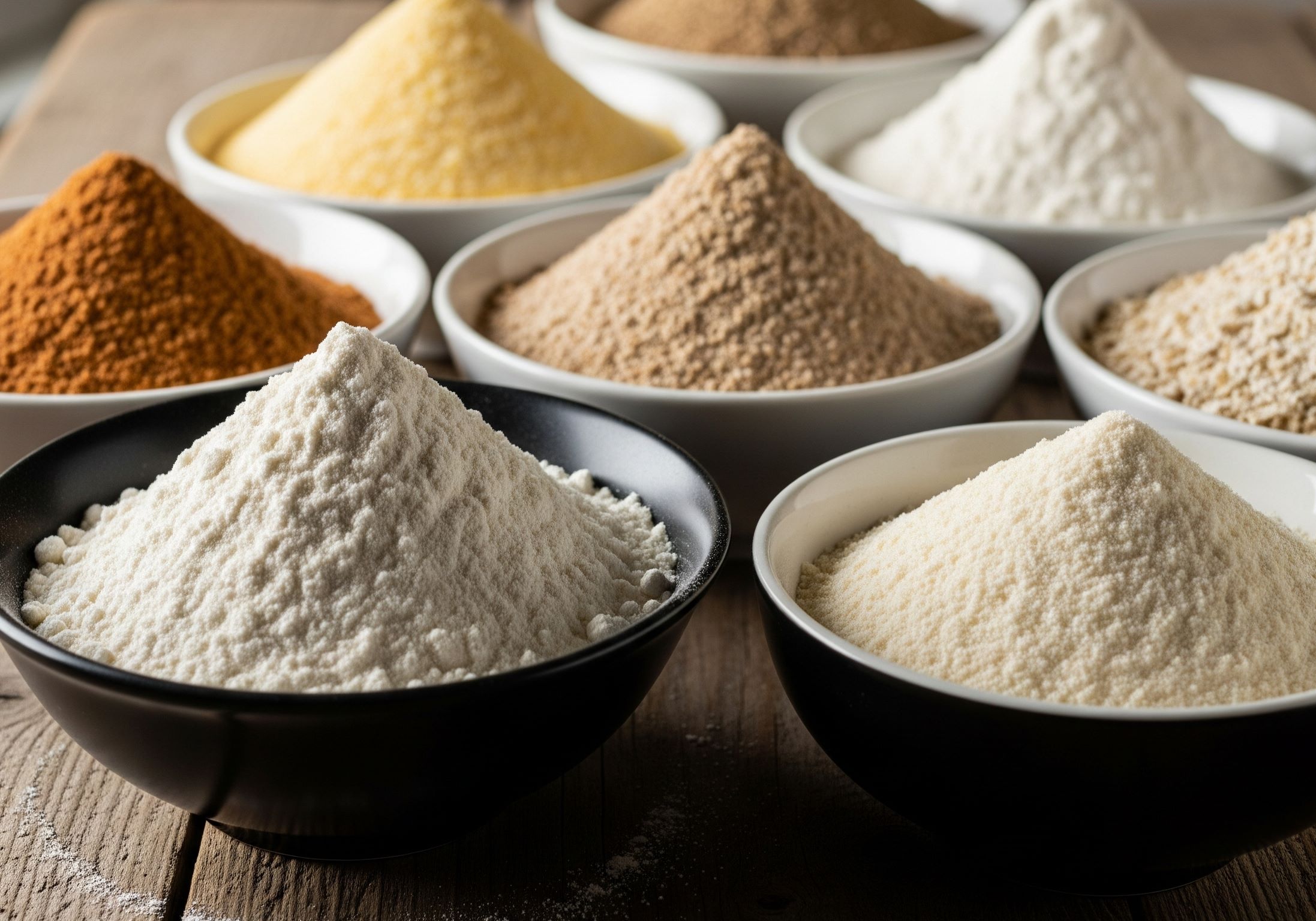 Several bowls containing different types of flour, showing variations in color and texture.