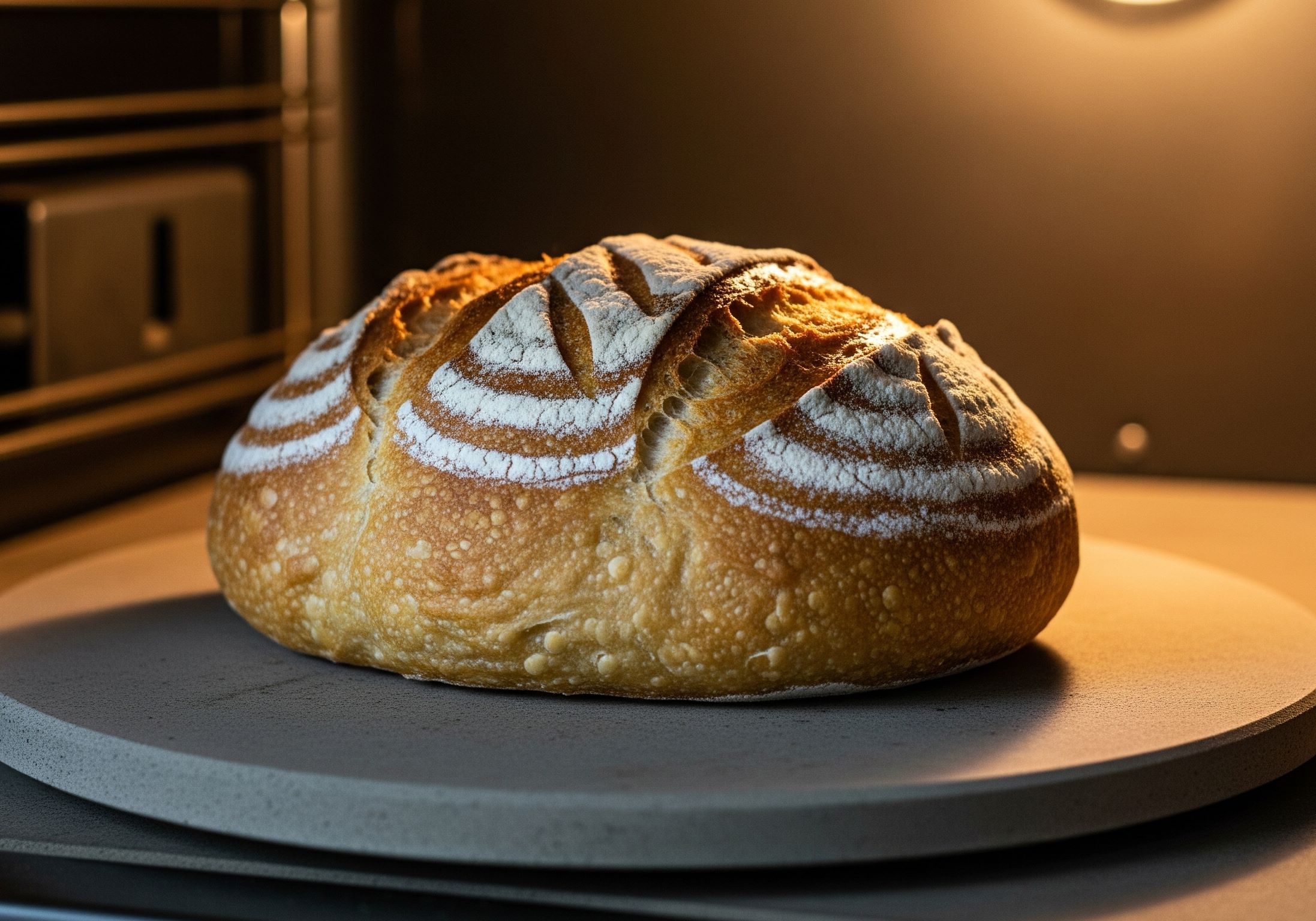 A golden-brown loaf of artisan bread sitting on a baking stone in an open oven.