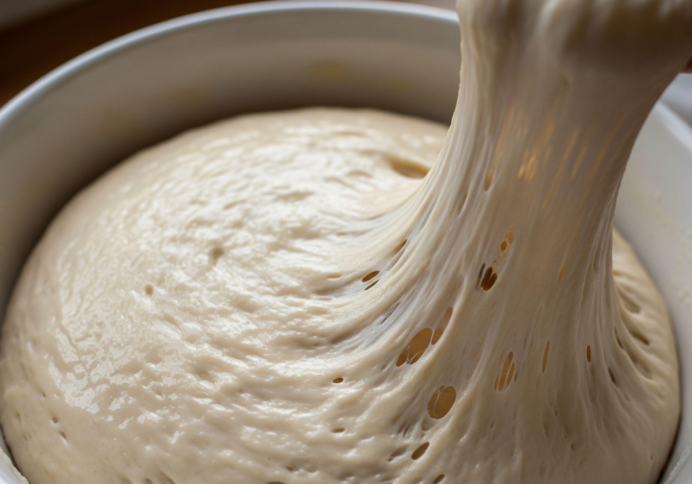 A bowl of dough that has been autolysed, looking smooth and extensible.