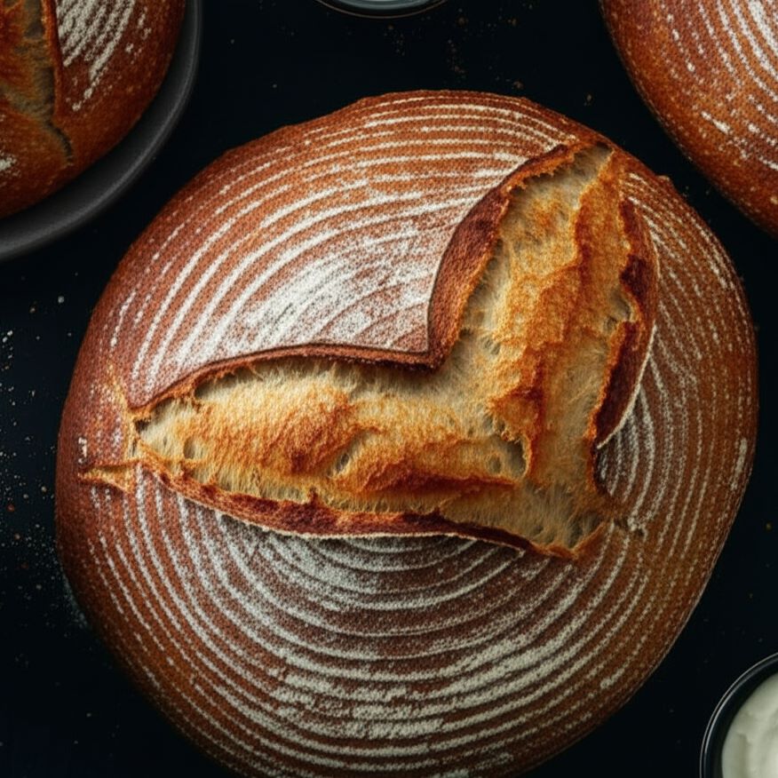 A beautifully baked loaf of artisanal sourdough bread on a wooden board.