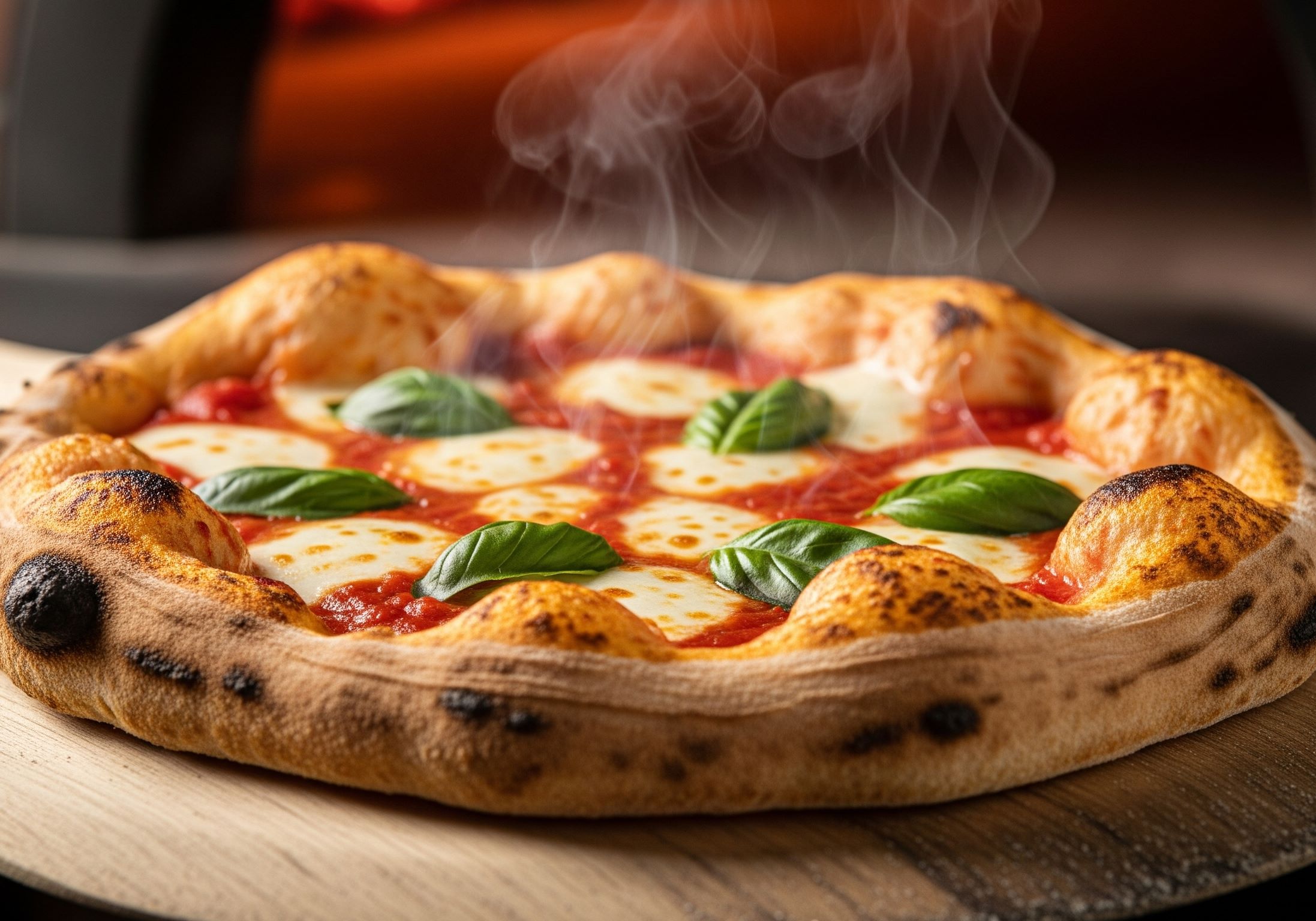 A beautiful sourdough pizza with a blistered crust, fresh out of the oven.