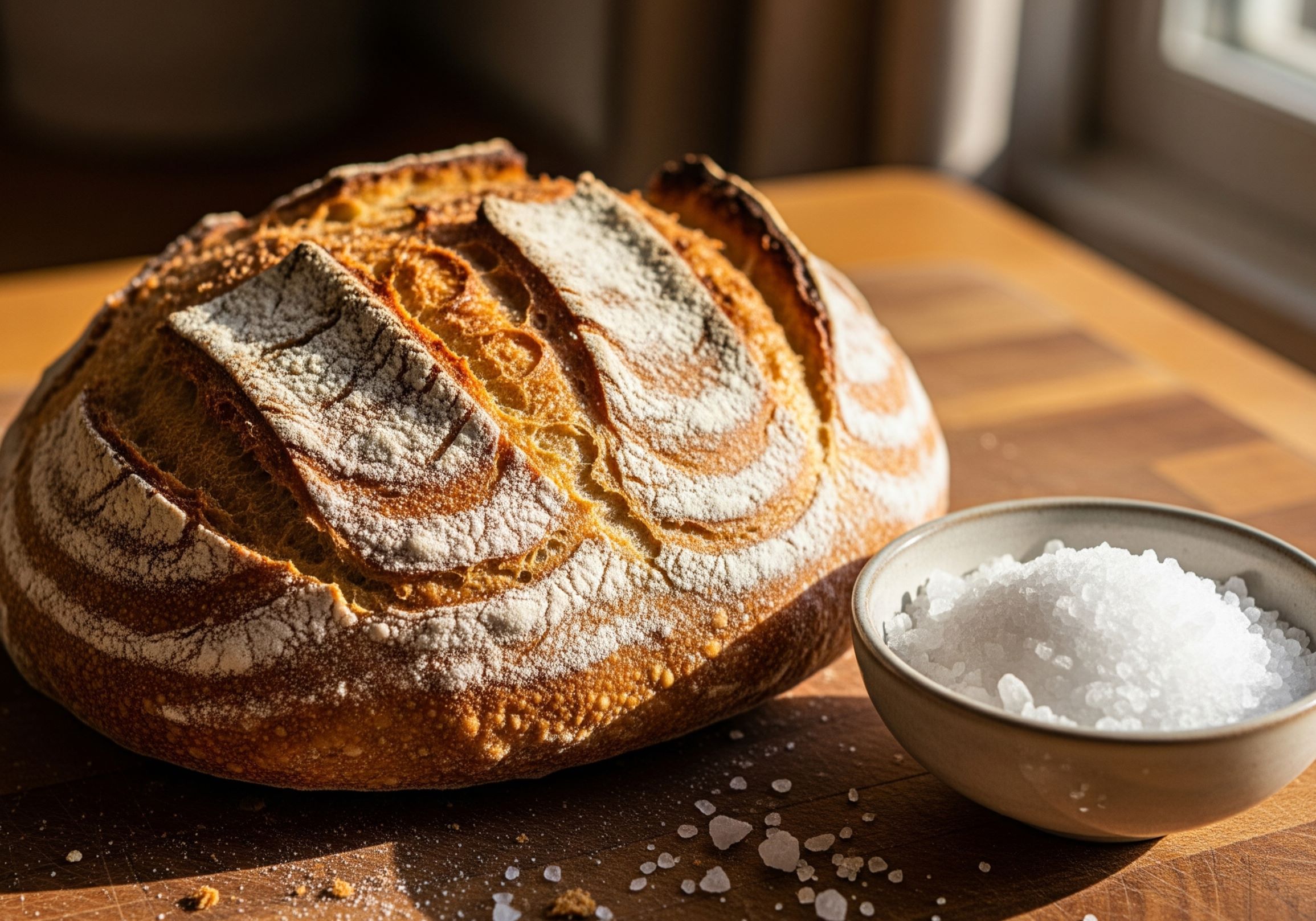 A bowl of salt next to a beautifully baked loaf of sourdough bread.