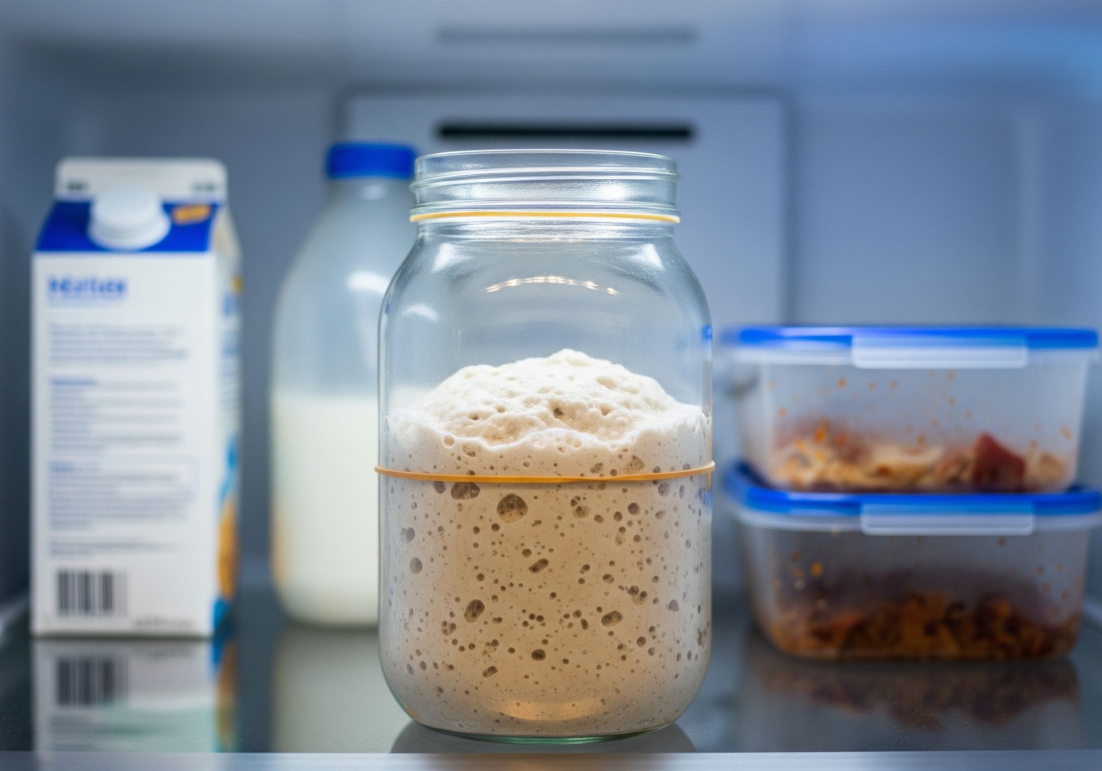 A jar of sourdough starter sitting on a shelf in a refrigerator.