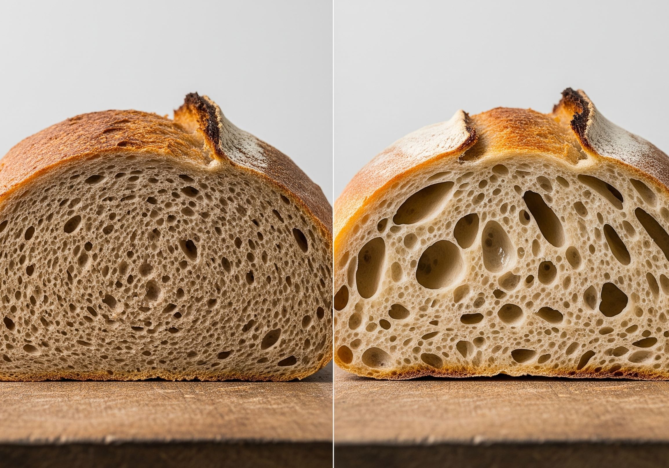 A side-by-side comparison of a dense sourdough loaf and a perfect, open-crumbed loaf.